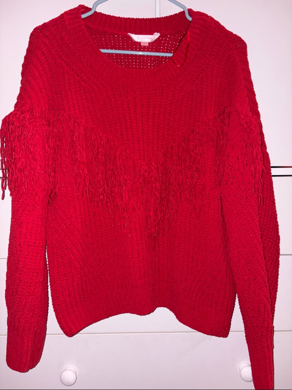 No Boundaries Red Fringe Crewneck Sweater